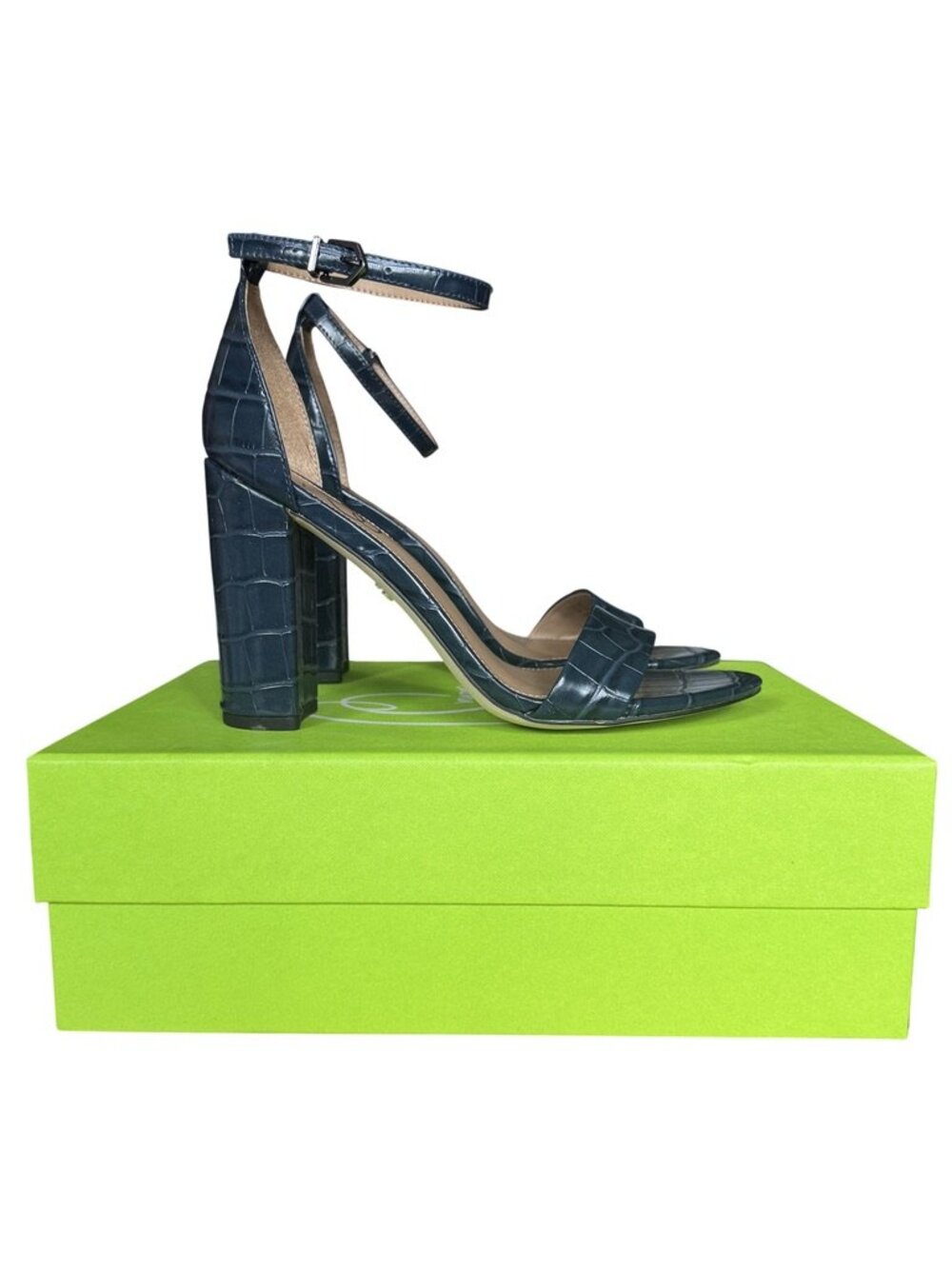Sam Edelman Yaro Navy Croc Embossed Block Heel Sandal Sz 8 Like New w/ Box
